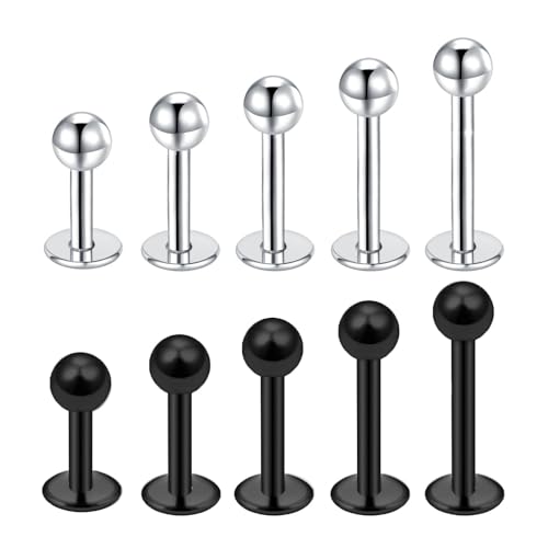 Besyvvin Labbro Piercing Acciaio Chirurgico 10 Pezzi 16G Labret Piercing 4-12mm Nero e Argento All'Orecchio Tragus Helix Cartilage Gioielli per Piercing