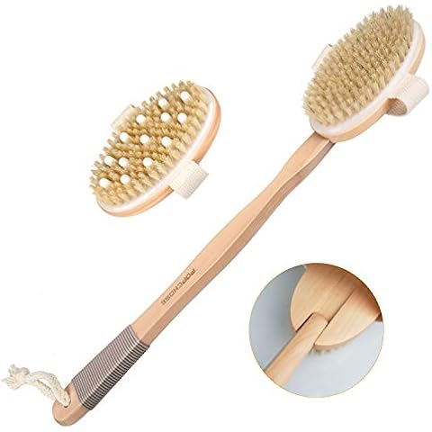 Dry Brushing Body Brush, POPCHOSE Body Scrubber for Men Women, Back Scrubber for Shower, Natural Bristle Exfoliator Scrubber for Body Cellulite and Lymphatic, Long Handle, Detachable, Dual Brush Heads Cover
