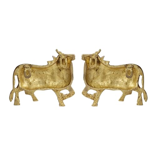 Image of Brass Cow Wall Hanging Vastu Gau MATA Idol, Kamdhenu Cow Pair Nandi (Gold Color 5x4 Inch)