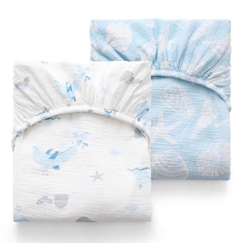 Image of Momcozy Muslin Standard Fitted Crib Sheets, 52"x28", 2 Pack Soft Breathable Natural Cotton Baby Mattress Sheet, 360° Mattress Wrapping No Slip Boys Girls Neutral Toddler Bed Sheet, Ocean Sound