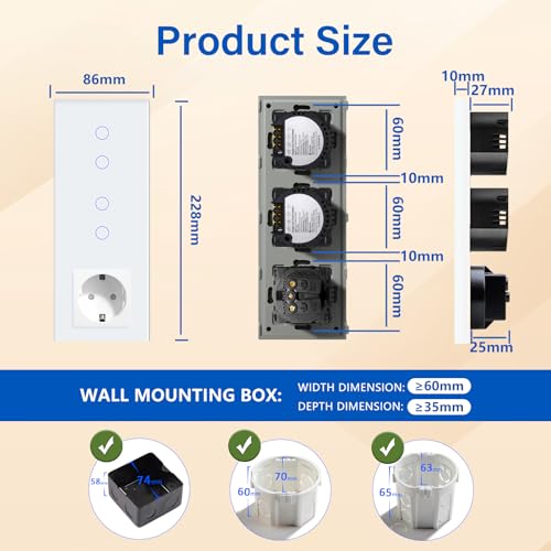 BSEED Touch Lichtschalter mit Steckdosen doppelte 2 Fach 1 Weg Wandschalter mit einer Steckdose Unterputz Touchscreen-schalter mit Glasrahmen 228mm Wei&szlig;