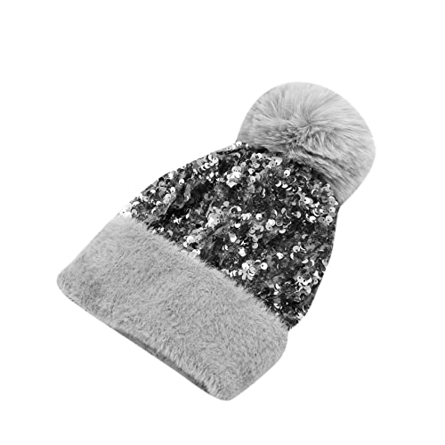 Leomoste Women Girls Winter Sequin Beanie Hat With Faux Fur Pom Pom Knit Skull Cap Grey #TOP1