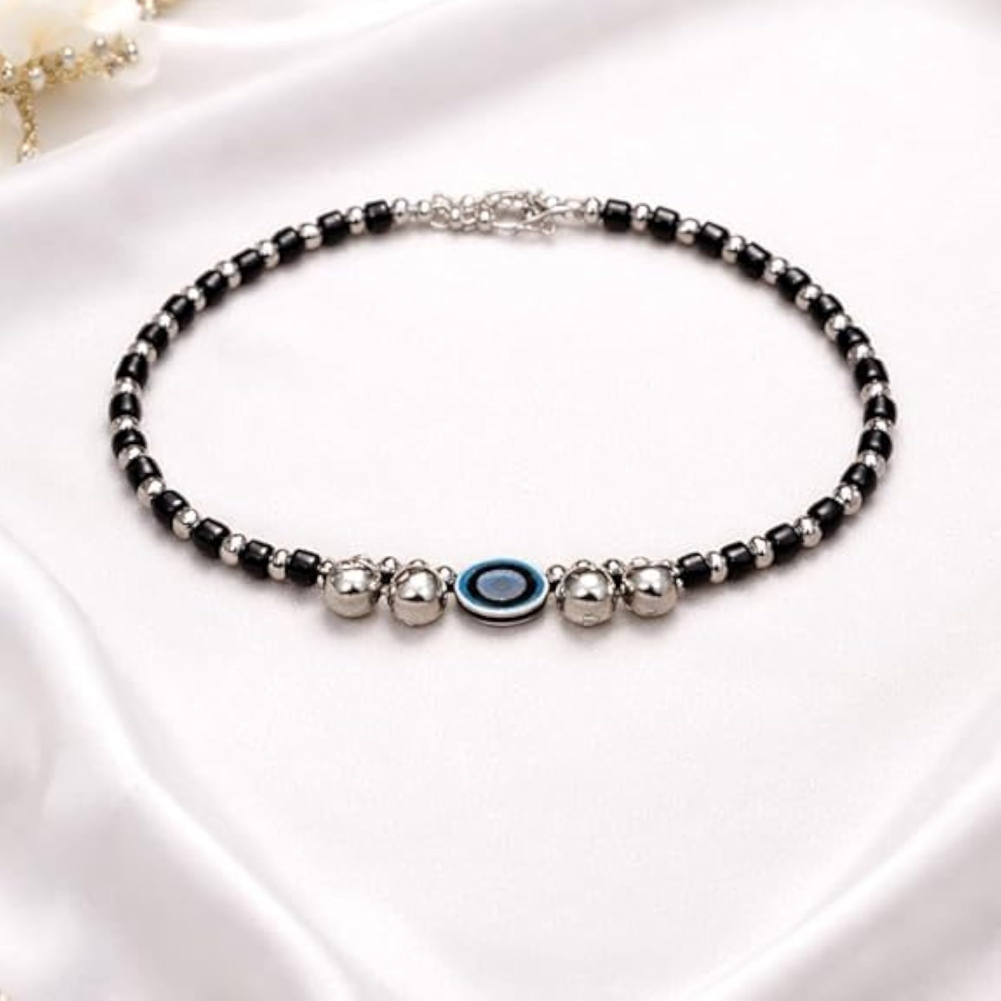 Protective Evil Eye Anklet Bracelet with Adjustable Floral Clasp
