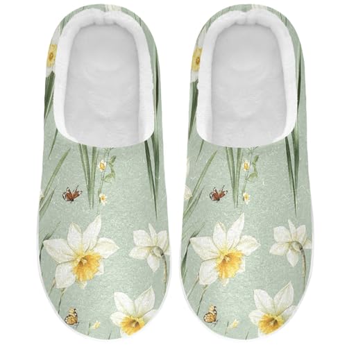 JUNZAN Cute Daffodils Sage Green Mens House Cotton Slipper Breathable Memory Foam House Shoes for Outdoor Birthday Presents 6-7