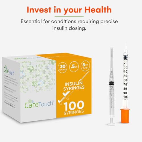 Care Touch Insulin Syringes - 30g 5/16\"-8 mm .5 cc Syringe Insulin Needles - 100 Sterile Insulin Syringes - Non-Toxic & Non-Pyrogenic - Silicone-Coated, Pyrogen-Free Ultra Thin Needles (Pack of 100)