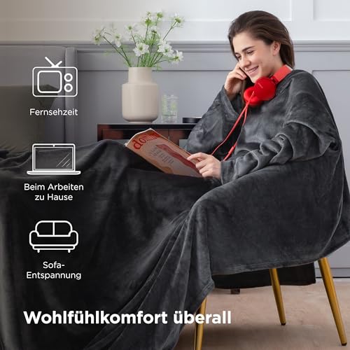 BEDSURE Decke mit Ärmeln Kuscheldecke - Weihnachten Geschenke für Männer, Warm Ärmeldecke & Sofadecke für Erwachsene, Flauschige Ganzkörperdecke zum anziehen, Tragbare Decke, 150x200cm, Anthrazit