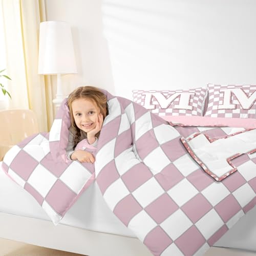 Image of Erosebridal Pink Initial M Bedding Set Queen Kawaii Plaid Checkered Comforter Set for Kids Girls Teen Women Cute Personalized Monogram Down Comforter,Fashion Grids Gingham Quilt Duvet