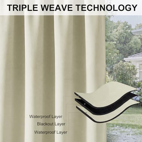 RYB HOME Patio Curtains Outdoor - Extra Wide Drape Waterproof Windproof Curtains for Porch Gazebo Pergola Canopy Shower Pool Outside Deck, Width 52 x Length 84, 1 Panel, Beige - 5