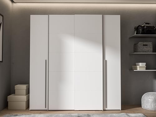 Forte Narago Schrank 200 210, weißer Kleiderschrank, Schwebetürenschrank mit Drehtüren, Weiß Matt, 200,1 cm breit x 210,5 cm hoch x 61,2 cm tief