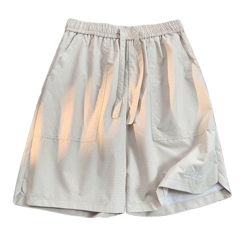 SUPTTING Pantalones cortos perforados para hombre, pantalones casuales beige, pantalones cortos de verano transpirables, pantalones deportivos de lunares, pantalones de playa ligeros, cómodos