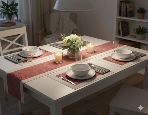 Image of YELONA Placemats and Table Runner Set - Heat Resistant, Non-Slip & Washable PVC Vinyl Dining Table Mats - Berry Red (4 Placemats: 45x30 cm, 1 Runner: 180x30 cm)