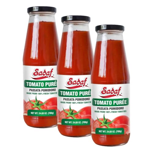 Sadaf Tomato Purée - Passata Pomodoro - Tomato Puree for Cooking, Flavoring and Topping Meals - Tomato Passata - Kosher - 24.69 Oz Bottle (Pack of 3)