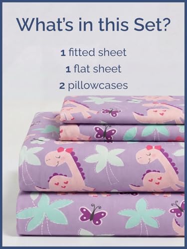 Image of Kids Queen Size Pink Dinos Bed Sheets - 4 Piece Kids Pink Dinos Sheet Set | Pink Dinos Themed Bedding, Ultra-Soft, Cute & Cozy, Breathable & Machine Washable, Bed Set for Boys, Girls & Teens & Cooling