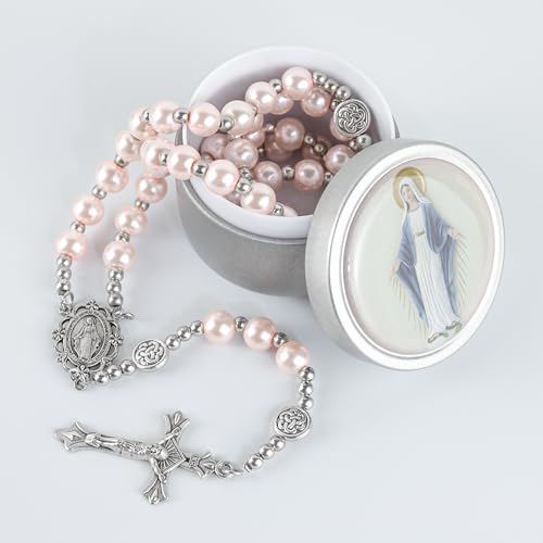 SUTANALE 8mm Glass Pearl Rosary Necklace for Women - Catholic Prayer Beads with Gift Box, Handmade Religious Jewelry for Baptism, First Communion (Pink) by SUTANALE - Used condition - Image 2