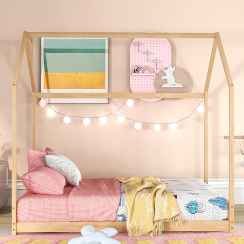 image for Bellemave Kids Montessori Floor Bed,Full Size House Bed with Fence,Woo