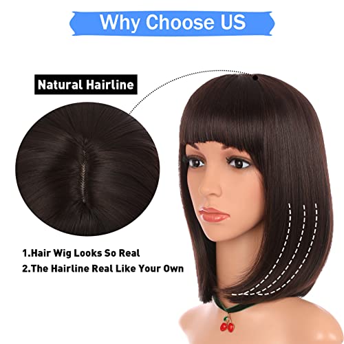 Enilecor Short Brown Bob Wigs 12" Straight With Flat Bangs Synthetic Colorful Cosplay Daily Party Wig For Women Natural As Real Hair+ Free Wig Cap (Dark Brown) #TOP1