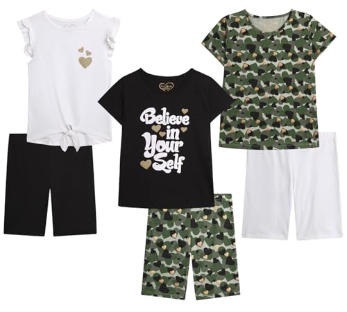 Image of Dreamstar Girls Bike Short Set - 6 Piece Graphic Tee Shirts and Athletic Performance Bike Shorts for Girls Activewear Set
