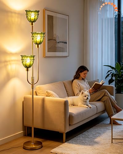 Image of 66IN 3-Lights Modern Glass Floor Lamp Gold Dimmable Floor Lamps with 3000K Warm White Bulbs for Wedding Party Tall Standing Lamp with Green Glass Shade for Living Room /Bedroom /Girls Room