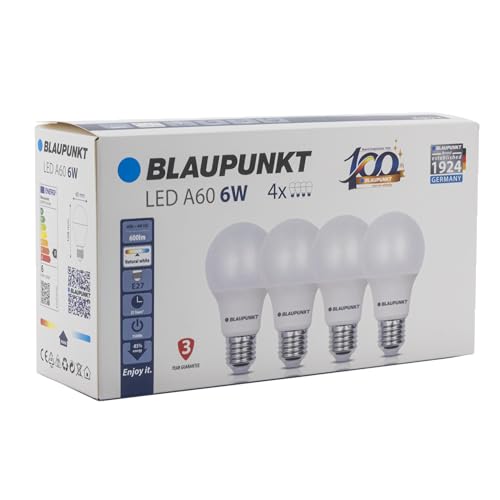 Blaupunkt LED E27 – Classic A60 – 6 W – odpowiada lampie 48 W – 600 lumenów – 4000 K naturalna biel – lampa energooszczędna/klasa energetyczna A+ – oszczędność kosztów – 4 sztuki