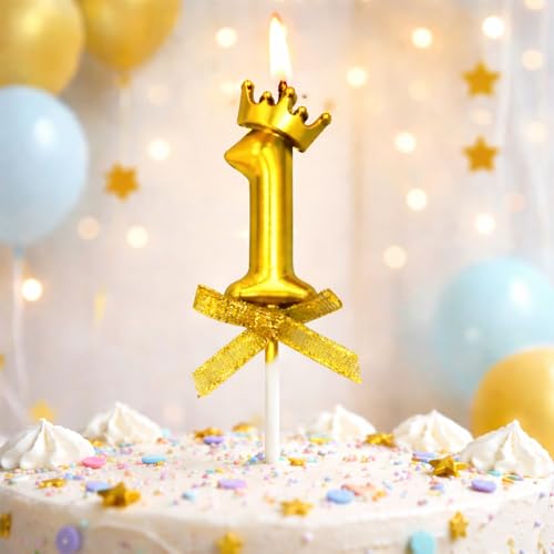 Image of Rozi Decoration Number 1 Birthday Candle for Cake with Crown Design | Gold Metallic Number Candle with Stick | Cake Topper for Kids, Baby and Family Birthday Celebration