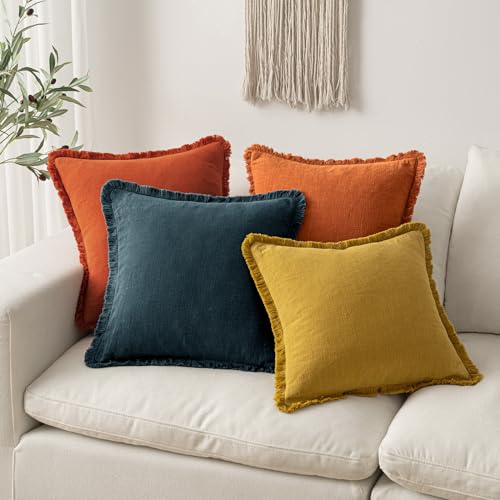Image of MIULEE Decorative Throw Pillow Covers Neutral Linen Fringe Throw Pillows Set of 2 Burnt Orange Boho Farmhouse Cushion Covers with Tassels for Couch Sofa Bed Living Room Home Decor 20x20 Inch