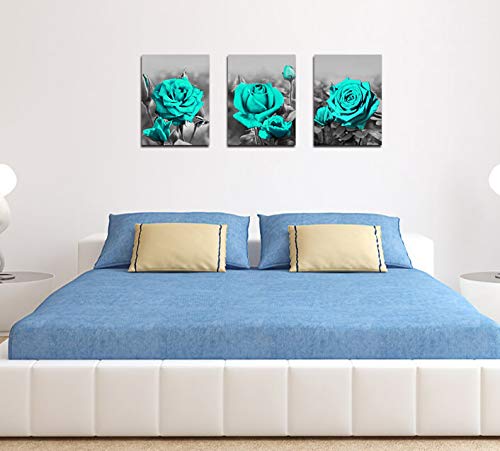 Wall Art for Bedroom Simple Life Black and White Blue Rose Flowers Canvas Wall Art Decor 12" x 16" 3 Pieces Living Room Decoration Office Art Framed Canvas Prints Ready to Hang for Home Decoration