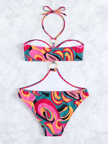 Makemechic Women's Sexy One Piece Swimsuit Printed Halter Ring Cut Out Monokini Bathing Suit Multicolor M #TOP1