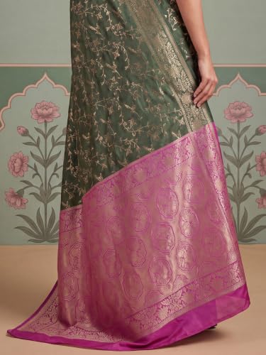 Image of AKHILAM Women's Multicolor Litchi Silk Ethnic Motif Print Saree With Unstitched Blouse Piece|sarees for women | litchi silk sarees