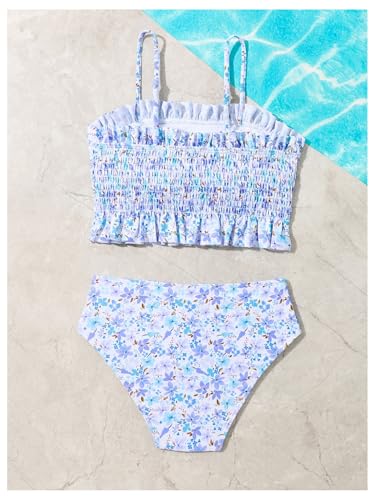 OYOANGLE Girl's Boho Ditsy Floral Print Swimsuits Two Piece Smocked Bikini Set Ruffle Swimwear2