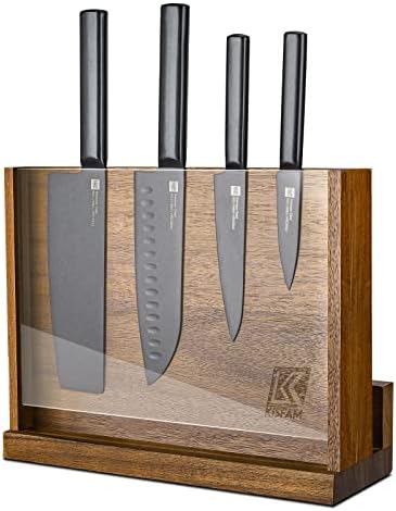 Magnetic Knife Block, Knives Holder Wooden Rack with Double Sided Magnetic and Transparent Acrylic Shield for Kitchen Multifunctional Storage (Without Knives&Cutting Board）