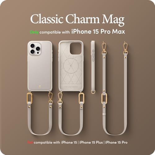 Image of Spigen Cyrill Classic Charm Mag | iPhone 15 Pro Max Case | Crossbody Lanyard Strap Beige iPhone 15 Pro Max Back Cover | Faux Leather+TPU+PC - Cream