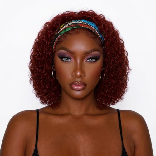 Image of Punmasa Headband Wig Human Hair Deep Wave 12 Inches Reddish Brown None Lace Front Wig Machine Made Brazilian Virgin Glueless Wear and Go Curly Headband Half Wigs for Black Women