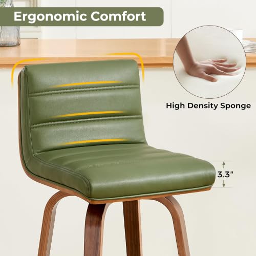 Image of Swivel Bar Stools Set of 4,26 inch Mid Century Modern Counter Height Barstools with Back, Faux Leather Upholstered Bar Chairs with Bentwood Legs Island Stools for Kitchen Counter Green