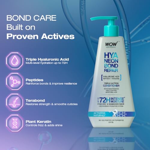 Image of WOW Skin Science HyaNeon Bond Repair Hyaluronic Conditioner for Dry & Damaged Hair|Moisturizing, Sulphate-Free Formula + Peptides & TeraBond Technology | 72H Intense Hydration, Shine & Strength | 200 ml