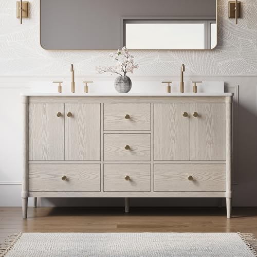 WELLFOR 60" Bathroom Vanity with Double Sinks W/ 4 Doors and 5 Drawers, Freestanding Solid Wood Barhroom Sink Vanity, Carrera White Marble Countertop, Bathroom Vanity Storage Organizer, Oak Wood