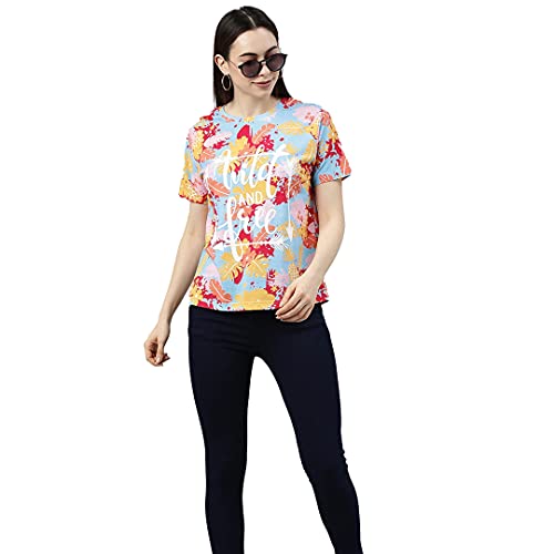 Image of JUNEBERRY Multicolour Cotton Round-Neck T-Shirt with Tropical Print for Women