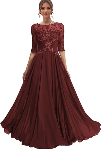 Chiffon Mother of The Bride Dresses for Wedding Lace Formal Dress with Sleeves Long Evening Party Gown4