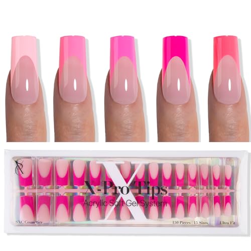 SXC Cosmetics French Tip Press On Nails 150 Pieces in 15 Sizes Ultra Fit with Pre-applied Tip Primer and Base Coat No Need to File Fake Nails for Nail Art DIY X-Pro Tips (5PINK117-M Square)