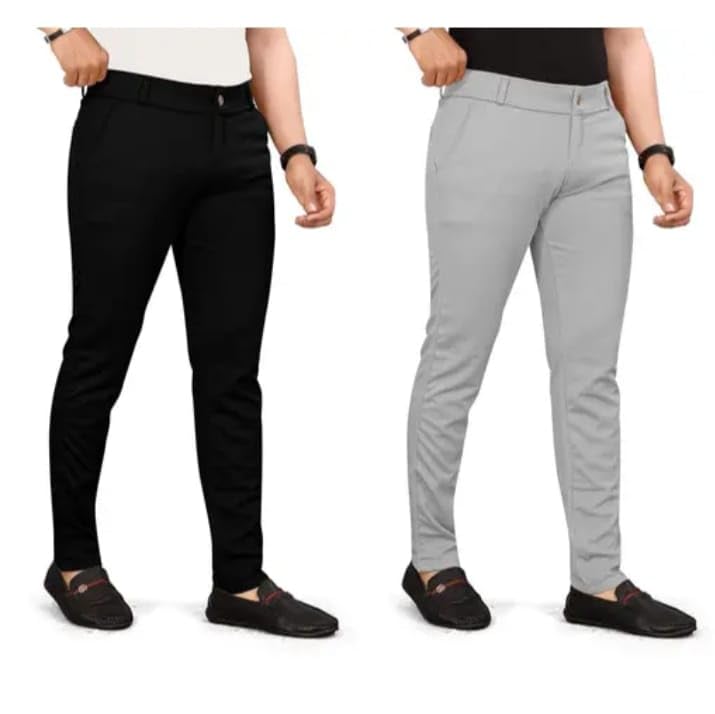 bhikadiya Men's Slim Fit Formal Trousers, Cotton Blend Stretchable Office Wear Pants, Black and Grey, 2 Pack-picture-14