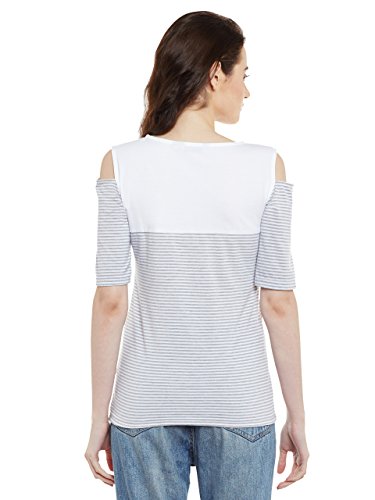 Image of Miss Chase Women's Navy Blue and White Round Neck Half Sleeves Striped Cold Shoulder Top