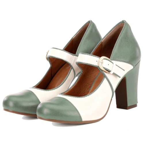 Image of SHODENSE Women Vintage Chunky High Heel Mary Jane Shoes Round Closed Toe Ankle Strap Dress Sandals 3 inch Block Heels Mary Jane Lolita Pumps Two-Toned Patchwork Buckle Office Lady Wedding Retro 4-11 M US
