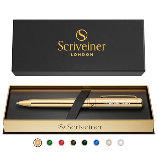 Image of Scriveiner Personalized Gold Ballpoint Pen - Stunning Luxury Pen, Real Gold Plating, Schmidt Ink Refill, Best Engraved Ball Point Gift Set for Men & Women, Custom Name Engraving