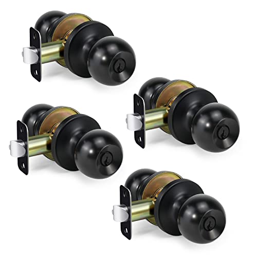 Loqron Ball Door Knob Entry Function Door Knob, 4Pack Keyed Entry Door Knob With Lock, Round Ball Handle For Front Door Right And Left Side, Matte Black #TOP29