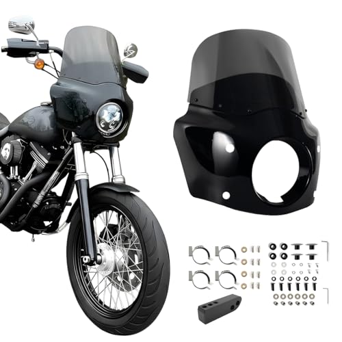 Image of Motorcycle Fairing 5.75 inch Headlight Fairing with 11 inch Motorcycle Windshield 49mm Mounting Hardware for Harley Dyna FXD FXDC Street Bob FXDB Low Rider FXDL FXDLS Super Glide FXDI35(Smoke)
