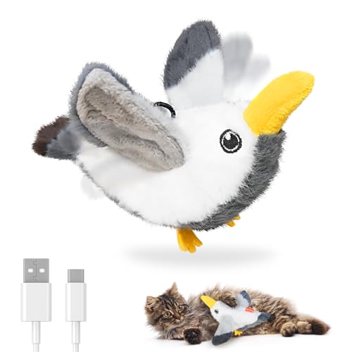 Petbobi Cat Toys Flapping Bird - Realistic Interactive Seagull Cat Toy with Flapping Wings(Non-Flying Design) and Chirp Tweet, Rechargeable Motion-Activated Catnip Toys for All Breeds Kittens
