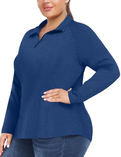FOREYOND Plus Size Quarter Zip Pullover Women Long Sleeve Golf Polo Shirts Workout Athletic Tops Yoga Running Gym Clothes Dark Blue
