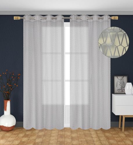 Image of HOME UTSAV Premium Sheer Net Curtain for Window 4 Feet | Transparent Net Fabric with Geometric Design | Pack of 1, Grey