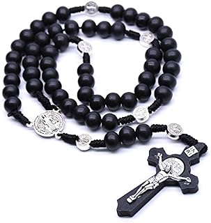 TShopm Wood Rosary Necklace Wooden Smooth Beads Catholic Cross Necklace Religious Necklace Jewelry Catholic Jesus Cross Pendant Necklace for Men Women (Black)