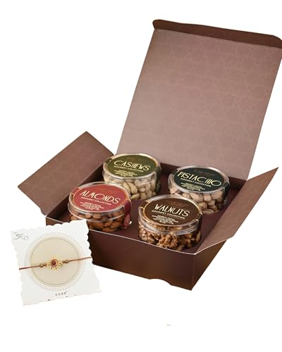 Image of Rakhi For Brother Dry Fruits Combo For Brother Single Rakhi Gift Hamper Small Pet Jars Pack Of 4 Dry Fruits Cashew Walnut Almond Pista