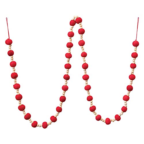 Orchid & Ivy Rustic 6-Foot Red Wool Felt Ball Pom Pom Garland With Wood Bead Accents - Vintage Christmas Tree Decoration - Decorative Holiday Party Banner For Wall, Birthday, Kids Room Home Decor #TOP29